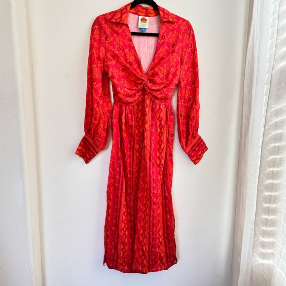 FARM Rio Dresses & Skirts - Farm Rio Long-Sleeve V-Neck Printed Tie-Front Midi Dress Size XS